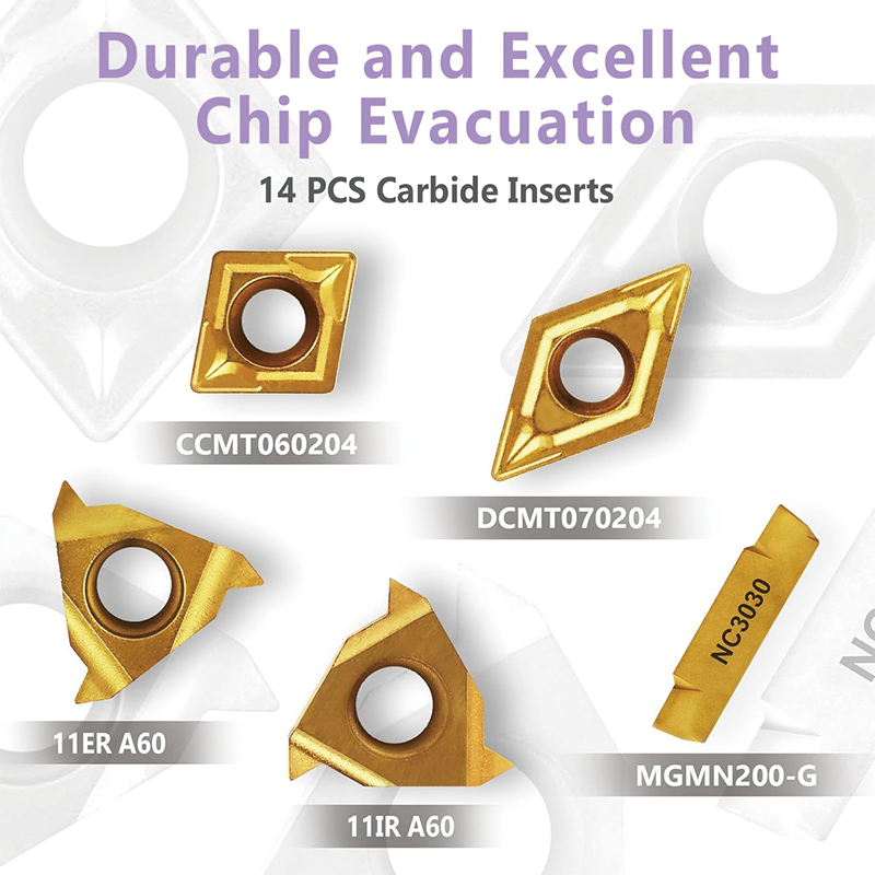 Indexable Carbide Lathe Turning Tools, 7PCS 3/8" Metal Lathe Tools Holder, 14PCS Carbide Insert Lathe Bits Carbide Lathe Tool for Lathe Black Compact