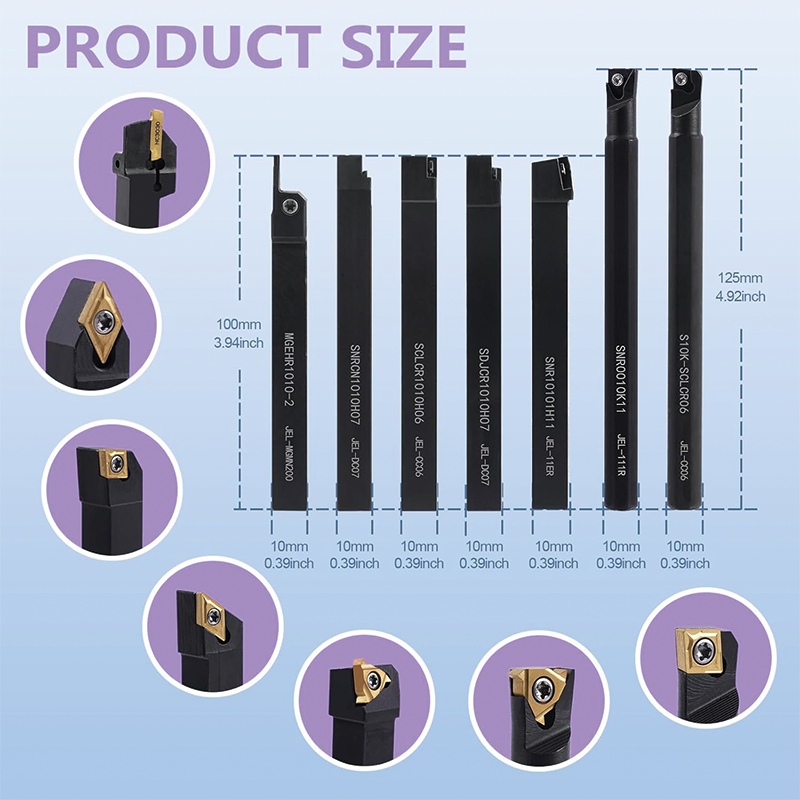 Indexable Carbide Lathe Turning Tools, 7PCS 3/8" Metal Lathe Tools Holder, 14PCS Carbide Insert Lathe Bits Carbide Lathe Tool for Lathe Black Compact