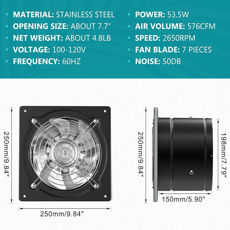 8 inch Industrial Ventilation Extractor 576CFM Stainless Steel Extractor for Home Office Commercial Use, Black