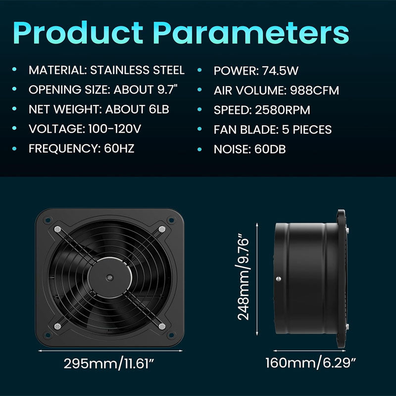 10 Inch Industrial Ventilation Extractor with Speed Controller 988 CFM Kitchen Exhaust Fan for Ceiling Bathroom Basement Attic Window Ventilation