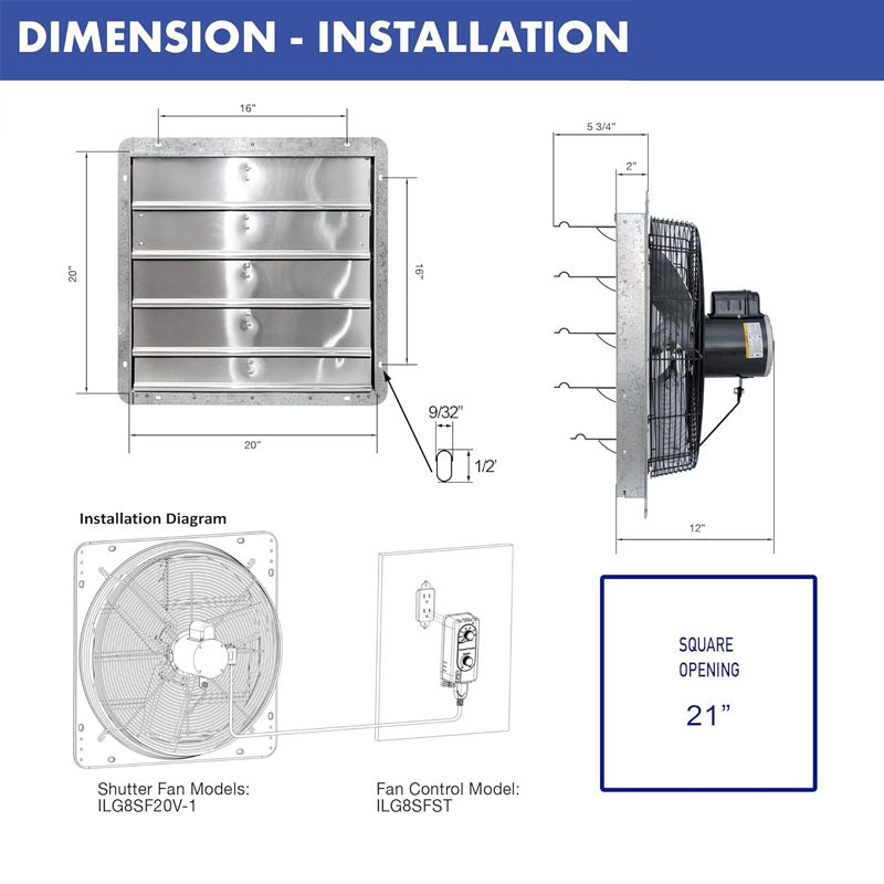 20 inch Industrial Ventilation Extractor Wall Mounted Shutter Exhaust Fan with Thermostat and Variable Speed controller