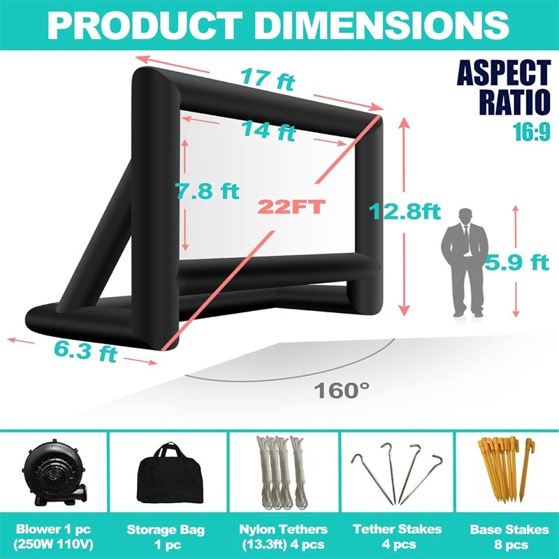 22 FT Inflatable Projection Screen Front & Rear Projection with Rope Blower Tent Stakes for Outdoor Party Backyard Pool Fun