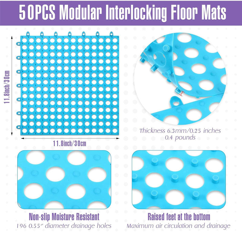 50 Pieces Modular Interlocking Floor Mats, Interlocking Floor Tiles For Outdoor Shower, Greenhouse, Bathroom Pool, Blue