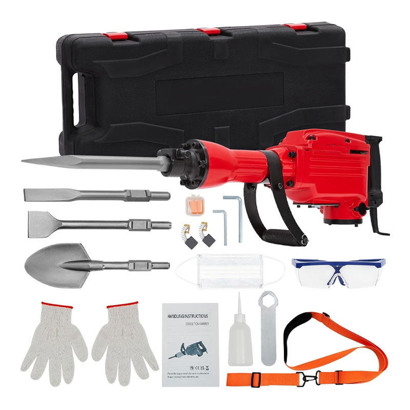 2200W Heavy Duty Demolition Drill And Kit, Demolition Pick, Rock Drill With 4 Chisels, Noise Reduction Earplugs, Shoulder Strap