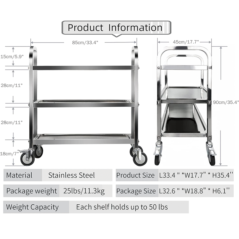 Utility Cart, 33'' L x 18'' W x 35''H, 3 Tier Stainless Steel Utility Cart with Locking Wheels Shelf for Kitchen Restaurant Hotels