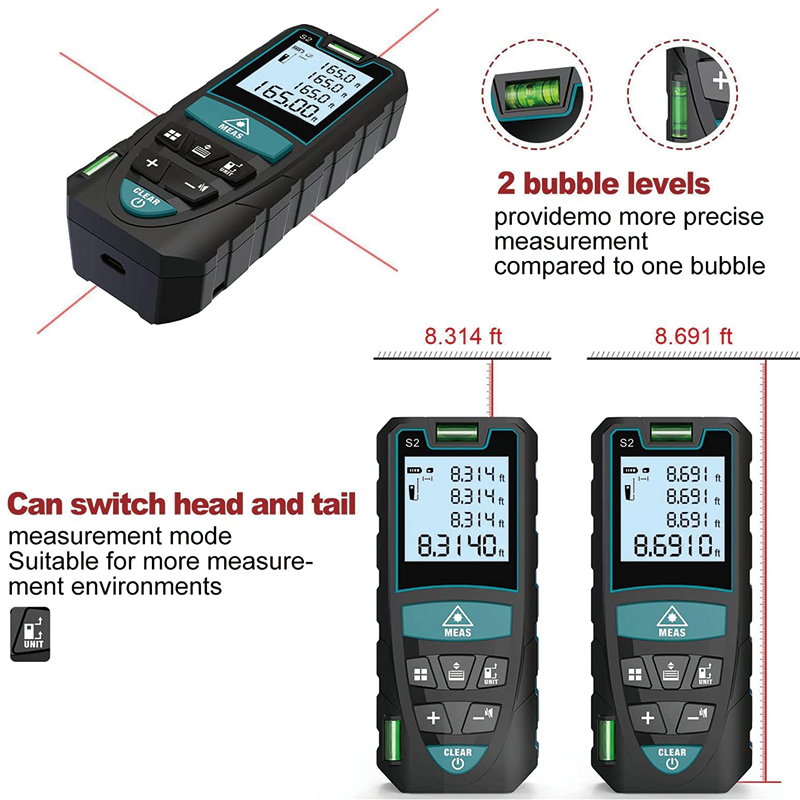 Laser Measure, 165 Feet Digital Laser Distance Meter with 2 Bubble Levels, M/in/Ft Unit Switching Backlit LCD ,Measure Distance, Area and Volume