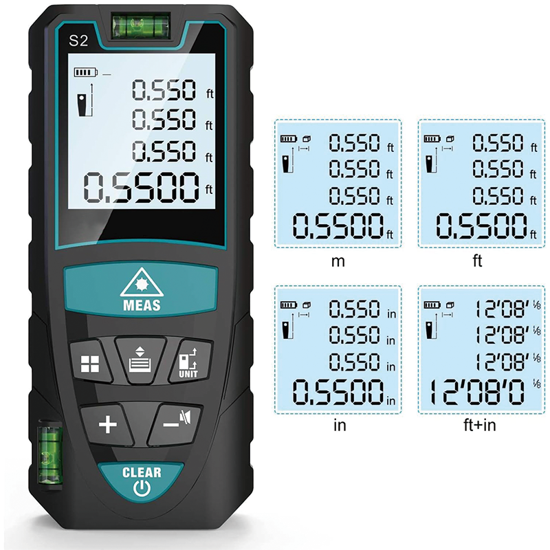 Laser Measure, 165 Feet Digital Laser Distance Meter with 2 Bubble Levels, M/in/Ft Unit Switching Backlit LCD ,Measure Distance, Area and Volume