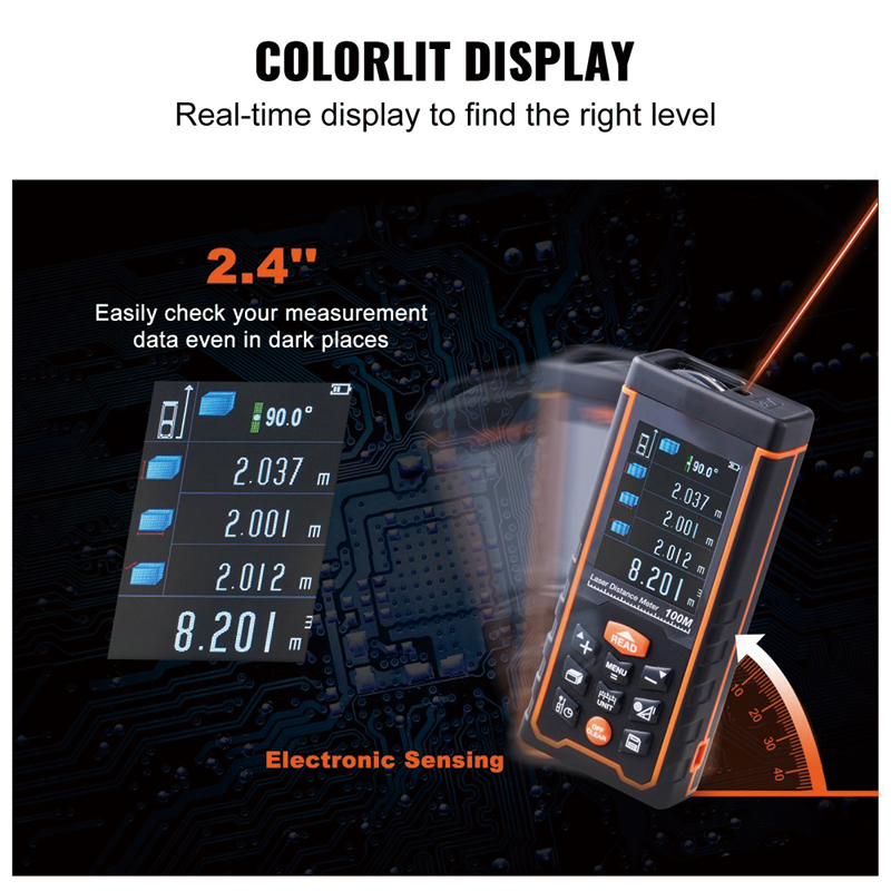 Laser Measure 328 Ft Digital Laser Distance Meter Measurement,ft/m/in/ft+in, 2.4'' Colorlit LCD Screen Laser Meter, Pythagorean Mode, Measure Distance, Area and Volume