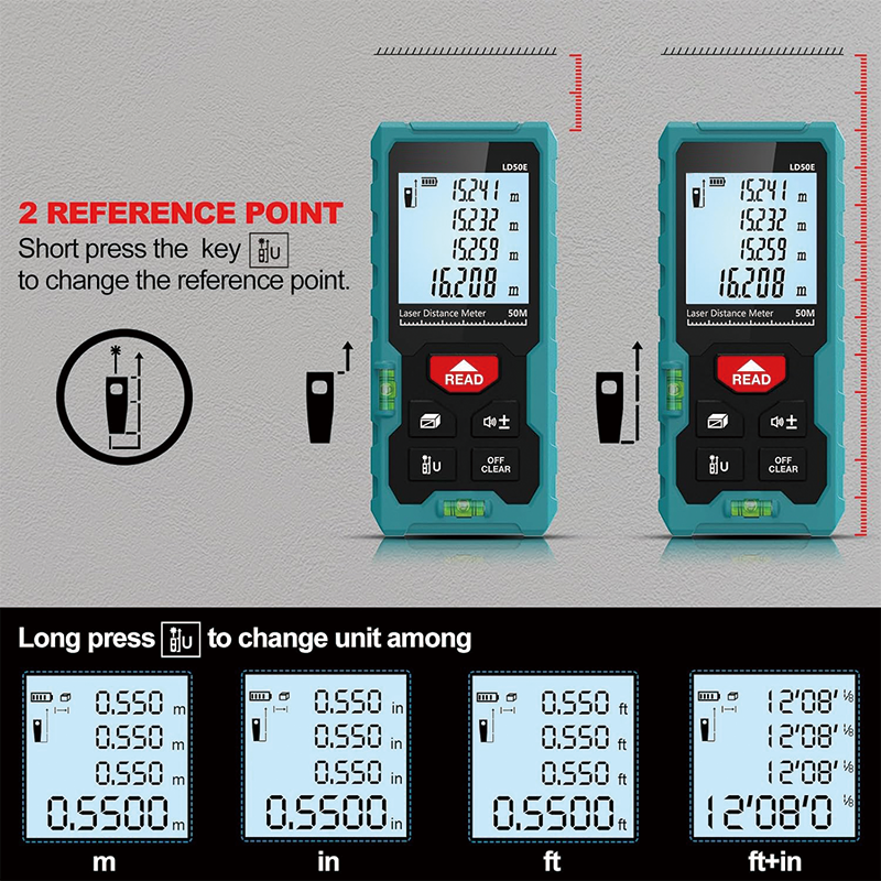 Laser Measure, 165 ft , ft/m/in Switching , Laser Tape Measure Compact Laser Measurement Tool with Larger Backlit LCD Display