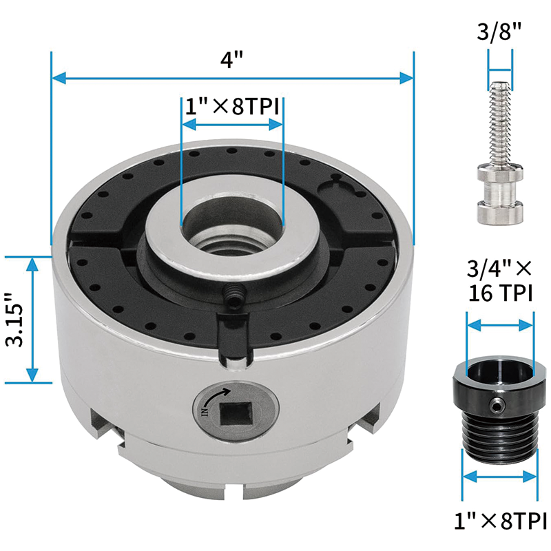 Wood Lathe Chuck Set 4 Inch,Nickel Plated Self-Centering 4 Jaw Wood Turning Chuck, 3/4"x16TPI Adapter