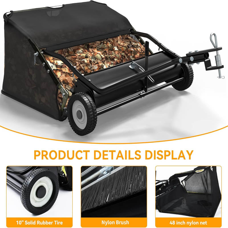 48 inch Lawn Sweeper Large Pull Behind Yard Grass Sweeper Leaf Collector Adjustable