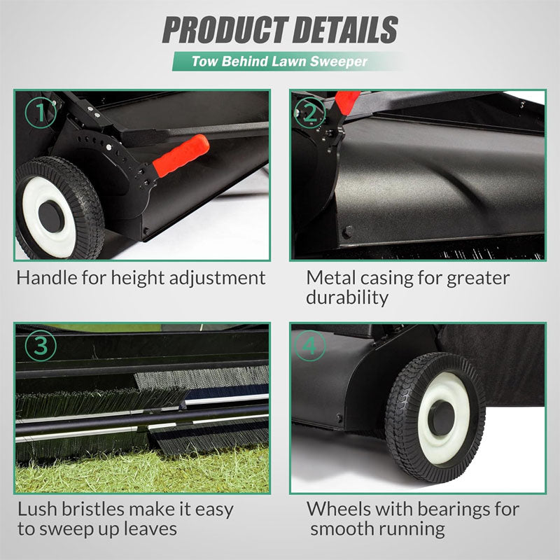 42-Inch Lawn Sweeper Tow Lawn Sweeper Large Capacity with Adjustable Sweeping Height for Yard LawnFarmSidewalk