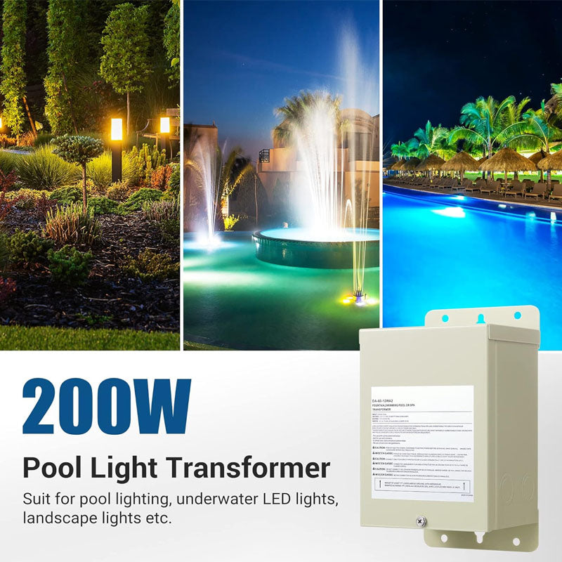 200W Lighting Safety Transformer Pool Light Transformer 120V to 12V/13V/14V AC Weatherproof