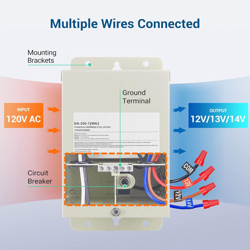200W Lighting Safety Transformer Pool Light Transformer 120V to 12V/13V/14V AC Weatherproof