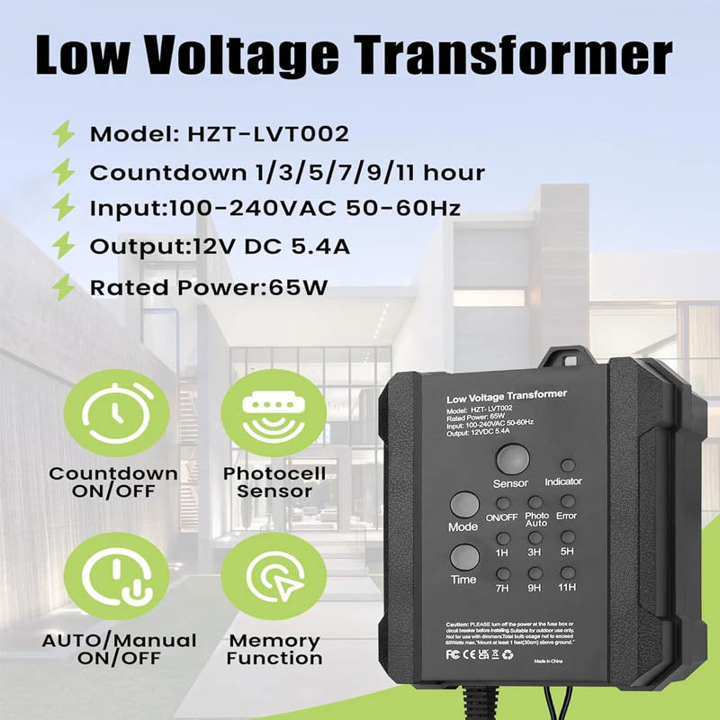 65W Lighting Safety Transformer with Timer & Photocell Sensor 120V AC to 12V DC for Landscape Lighting