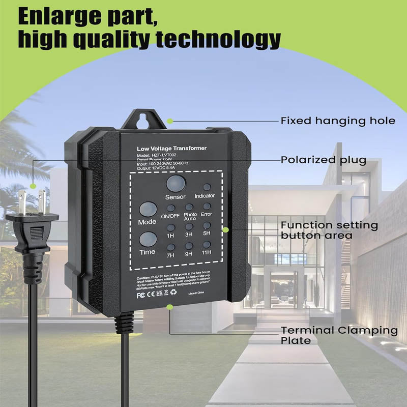 65W Lighting Safety Transformer with Timer & Photocell Sensor 120V AC to 12V DC for Landscape Lighting