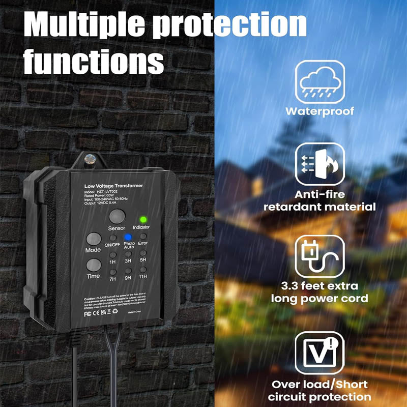 65W Lighting Safety Transformer with Timer & Photocell Sensor 120V AC to 12V DC for Landscape Lighting