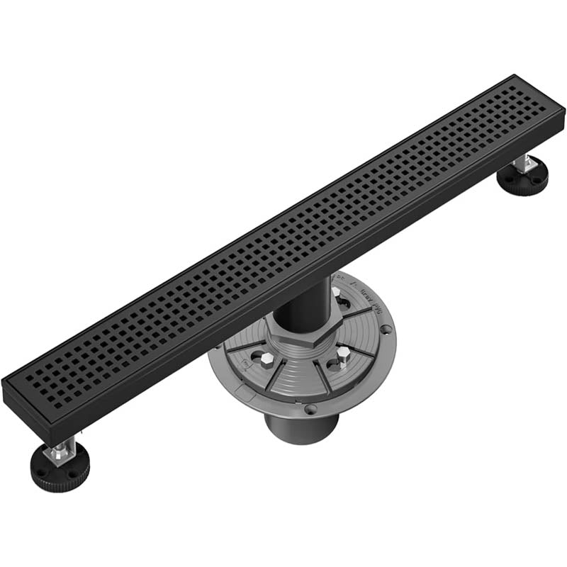18-Inch Linear Shower Drain with Quadrato Pattern Grate Hair Strainer Shower Drain Base Stainless Steel Linear Drain