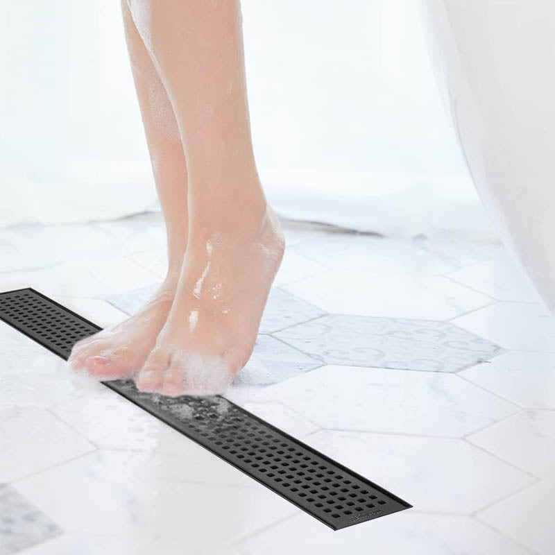 18-Inch Linear Shower Drain with Quadrato Pattern Grate Hair Strainer Shower Drain Base Stainless Steel Linear Drain