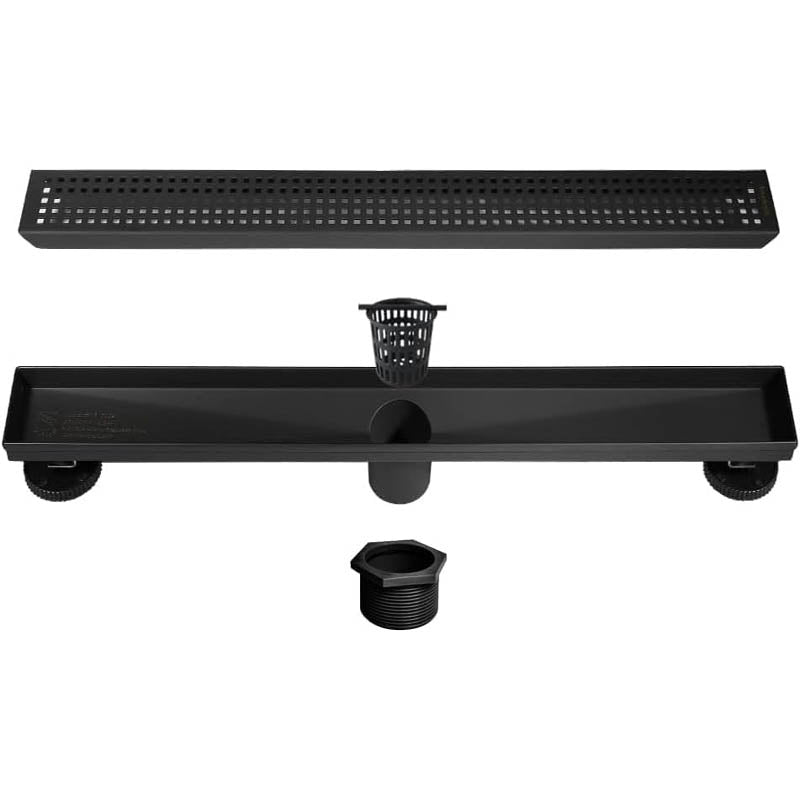 18-Inch Linear Shower Drain with Quadrato Pattern Grate Hair Strainer Shower Drain Base Stainless Steel Linear Drain
