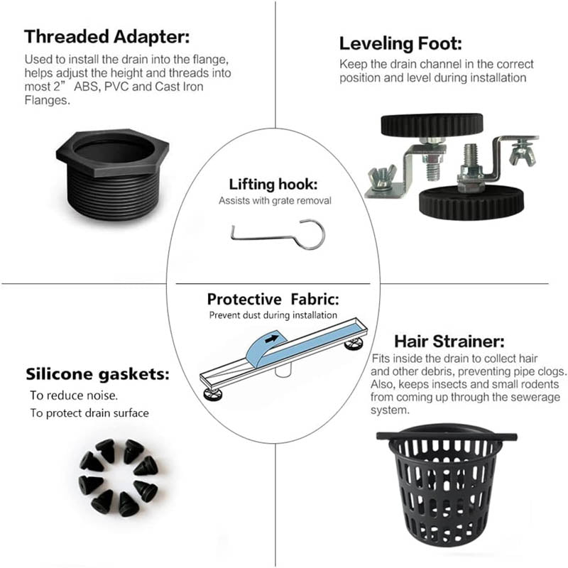 18-Inch Linear Shower Drain with Quadrato Pattern Grate Hair Strainer Shower Drain Base Stainless Steel Linear Drain