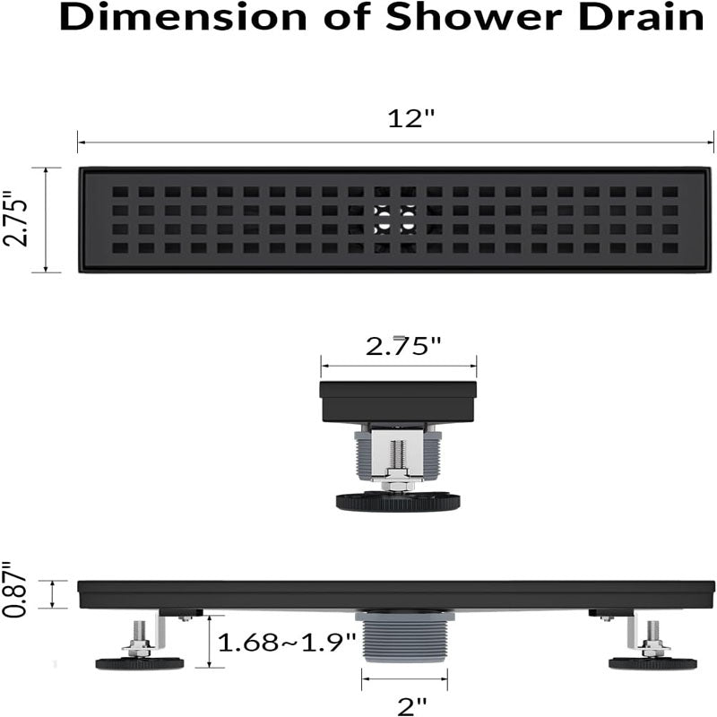 12 Inch Linear Shower Drain with Removable Grate Matte Black Shower Drain with Accessories CUPC Certified Stainless Steel