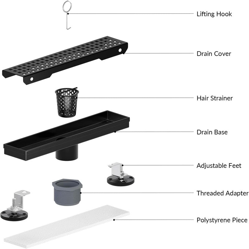 12 Inch Linear Shower Drain with Removable Grate Matte Black Shower Drain with Accessories CUPC Certified Stainless Steel