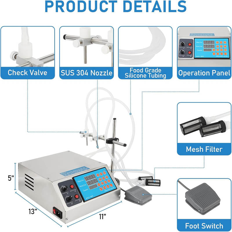 Liquid Filling Machine 1-135 Fl Oz Bottle Filler Machine Electric Digital Control Diaphragm Pump for Milk, Water, Wine, Beverage