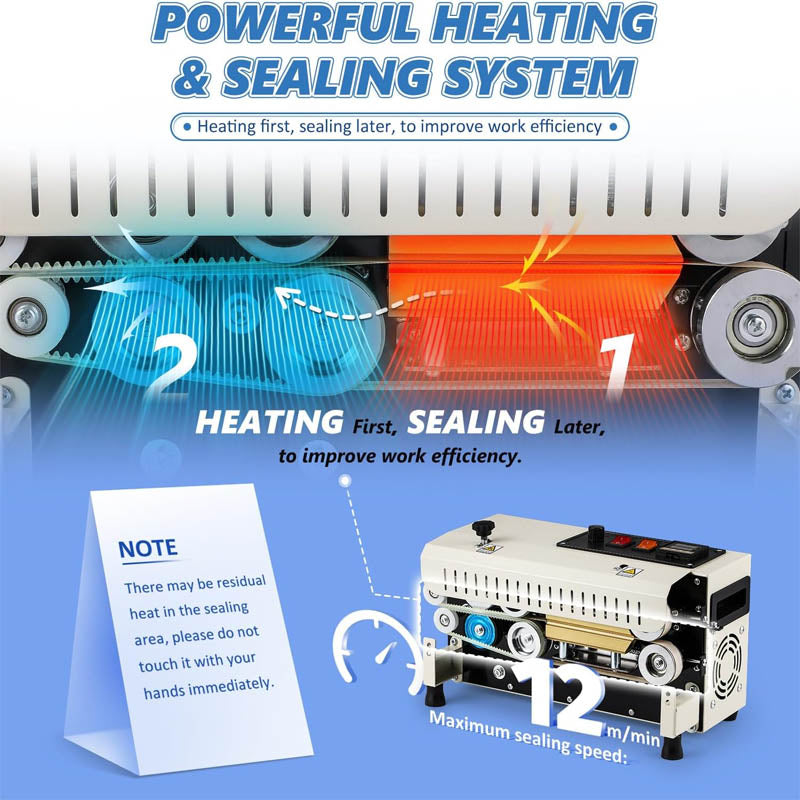 Sealing Machine Automatic Continuous Band Sealer Temp&Speed Adjustable, Horizontal Bag Sealing Machine