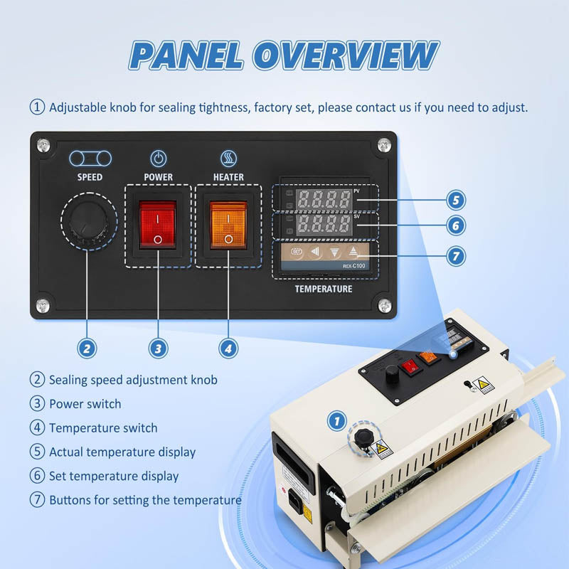 Sealing Machine Automatic Continuous Band Sealer Temp&Speed Adjustable, Horizontal Bag Sealing Machine