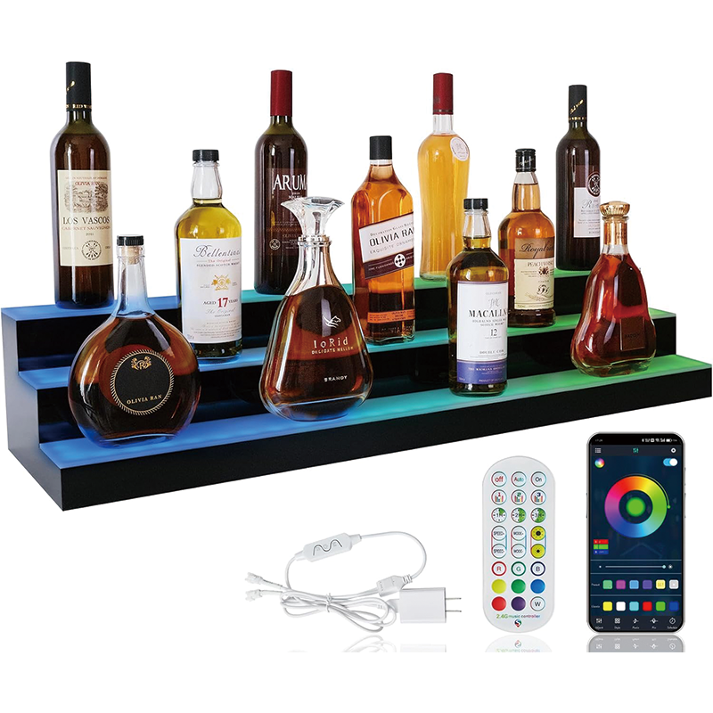 3 Tiers LED Lighted Liquor Bottle Display Shelf, 40 Inch Bar Bottle Display Shelf with RF Remote and App Control, Home Bar Shelf for Home Bar Party