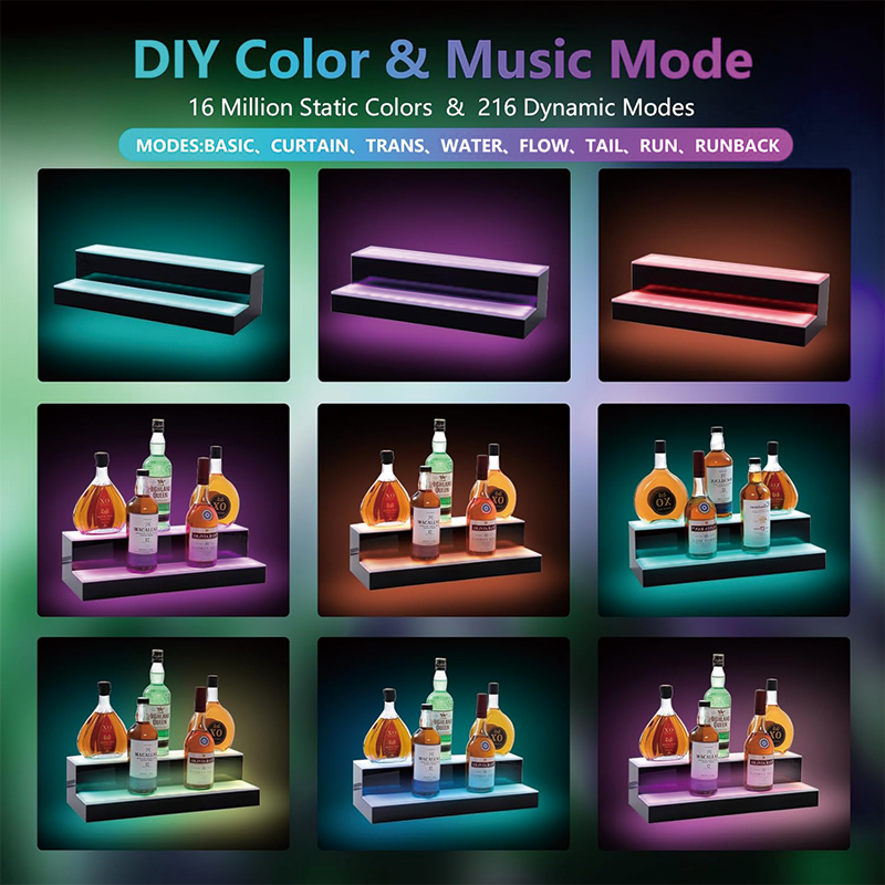 2 Tier Led Liquor Bottle Display Shelf, 24 Inch Whiskey Rack with RF Remote and App Control, Illuminated Acrylic Lighting Shelves for Home Bar, Party