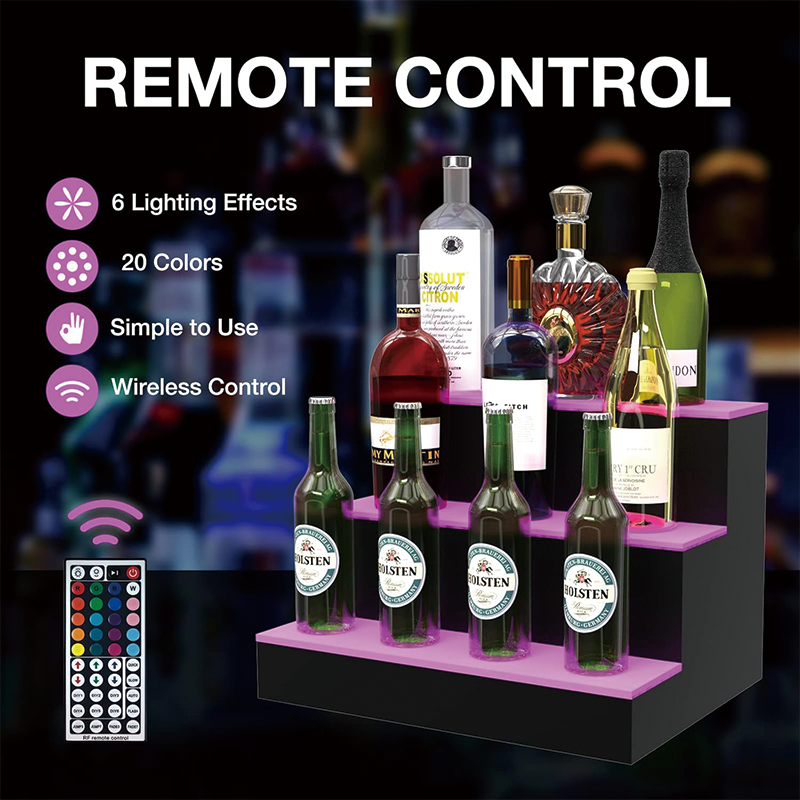 3 Tiers LED Liquor Bottle Display Shelf, 16 inch Lighted Acrylic Lighted Bar Shelf for Home, Illuminated Home Bar Shelf with RF Remote