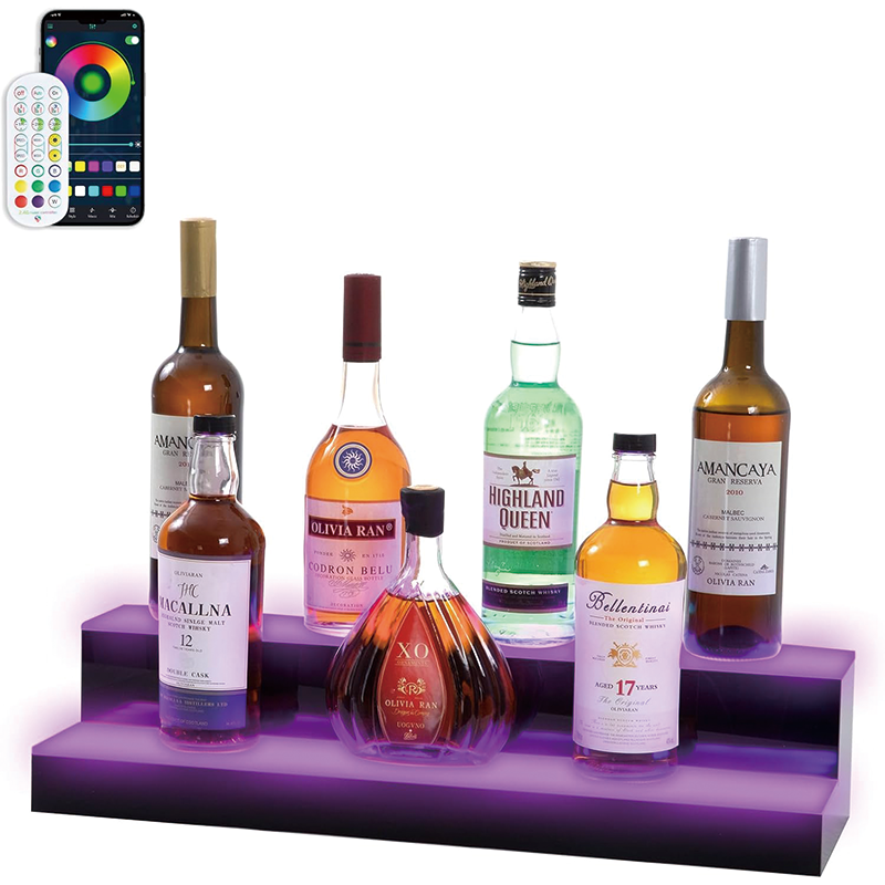 2 Tier Led Liquor Bottle Display Shelf, 24 Inch Whiskey Rack with RF Remote and App Control, Illuminated Acrylic Lighting Shelves for Home Bar, Party