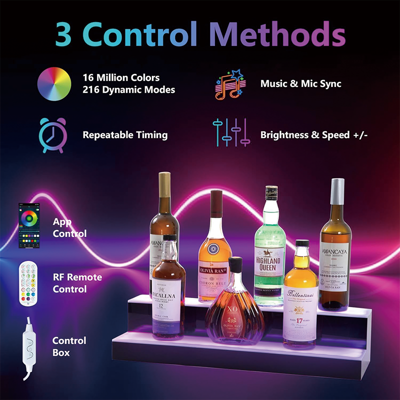 2 Tier Led Liquor Bottle Display Shelf, 24 Inch Whiskey Rack with RF Remote and App Control, Illuminated Acrylic Lighting Shelves for Home Bar, Party