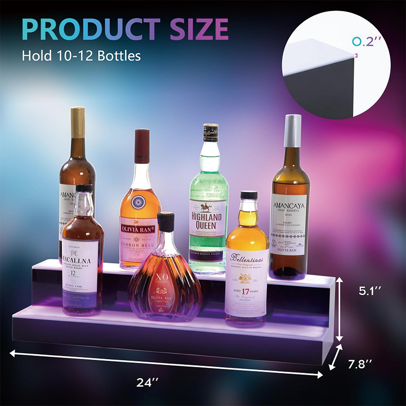 2 Tier Led Liquor Bottle Display Shelf, 24 Inch Whiskey Rack with RF Remote and App Control, Illuminated Acrylic Lighting Shelves for Home Bar, Party