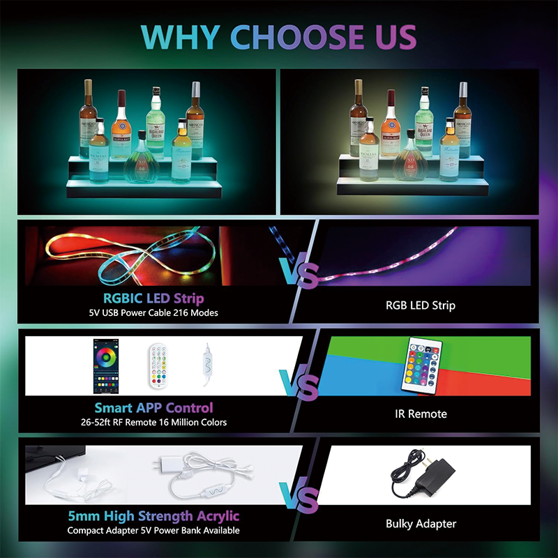 2 Tier Led Liquor Bottle Display Shelf, 24 Inch Whiskey Rack with RF Remote and App Control, Illuminated Acrylic Lighting Shelves for Home Bar, Party