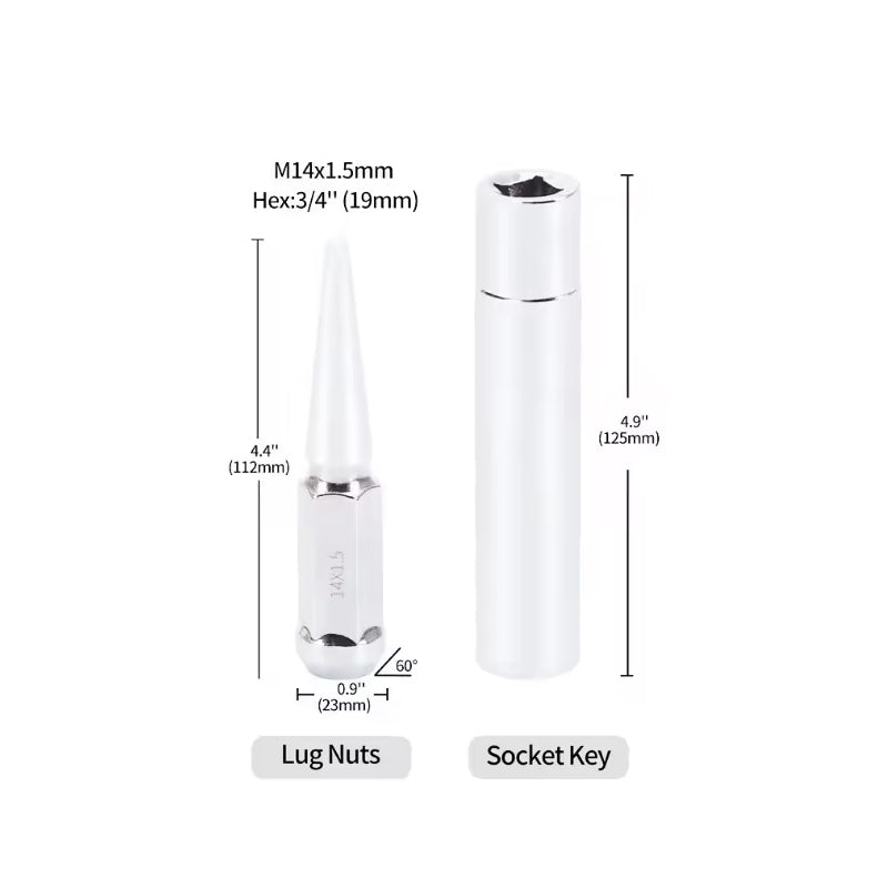 M14x1.5 Spike Lug Nuts 20 Pcs 24 Pcs 32 Pcs Chrome Spiked Lug Nuts 4.4" Tall Closed End Acorn Wheel Lug Nut w/ 1 Socket Key