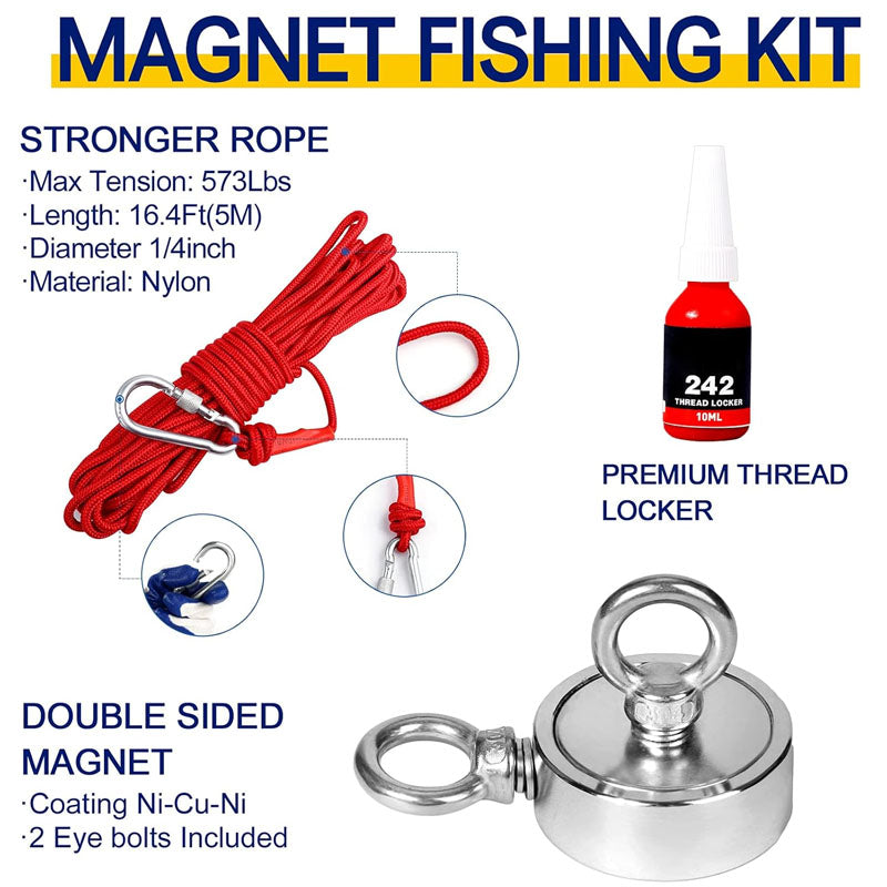 Magnet Fishing Kit Fishing Magnets Double Sided 450lbs Pulling for Magnetic Fishing and River Lake Hunting