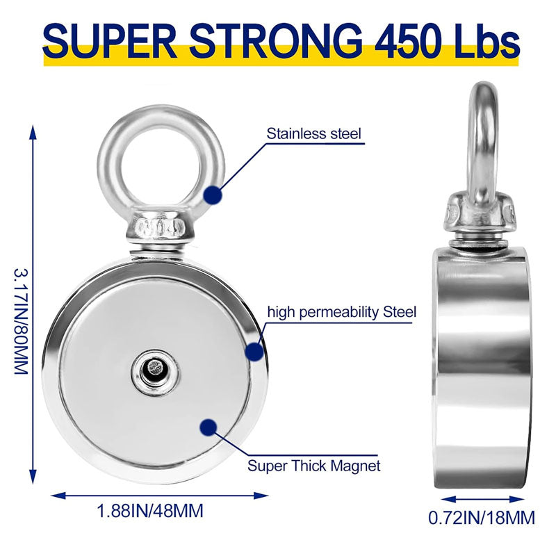 Magnet Fishing Kit Fishing Magnets Double Sided 450lbs Pulling for Magnetic Fishing and River Lake Hunting