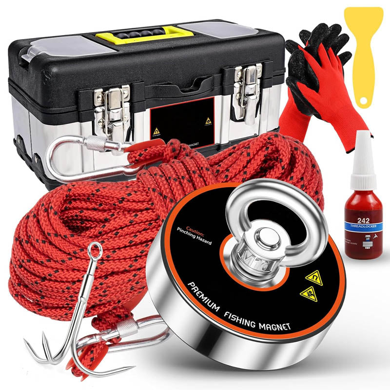 Magnet Fishing Kit 700 lbs Pulling with Heavy Duty 65FT Rope Grappling Hook Waterproof Case Gloves Threadlocker Eye Bolt