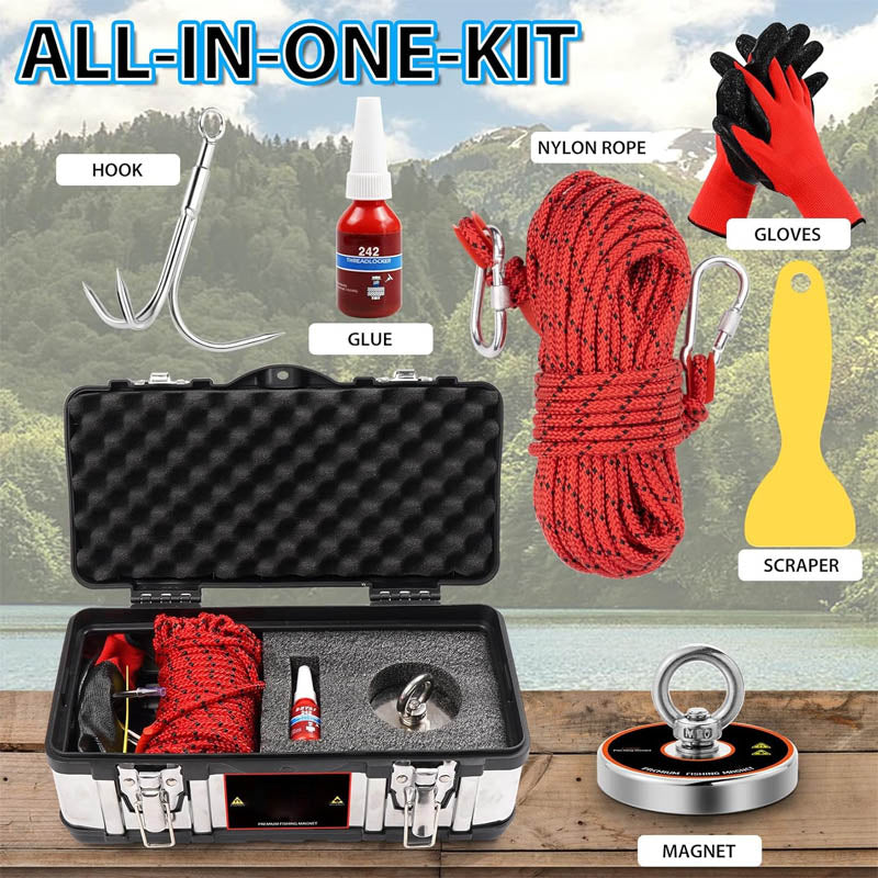 Magnet Fishing Kit 700 lbs Pulling with Heavy Duty 65FT Rope Grappling Hook Waterproof Case Gloves Threadlocker Eye Bolt