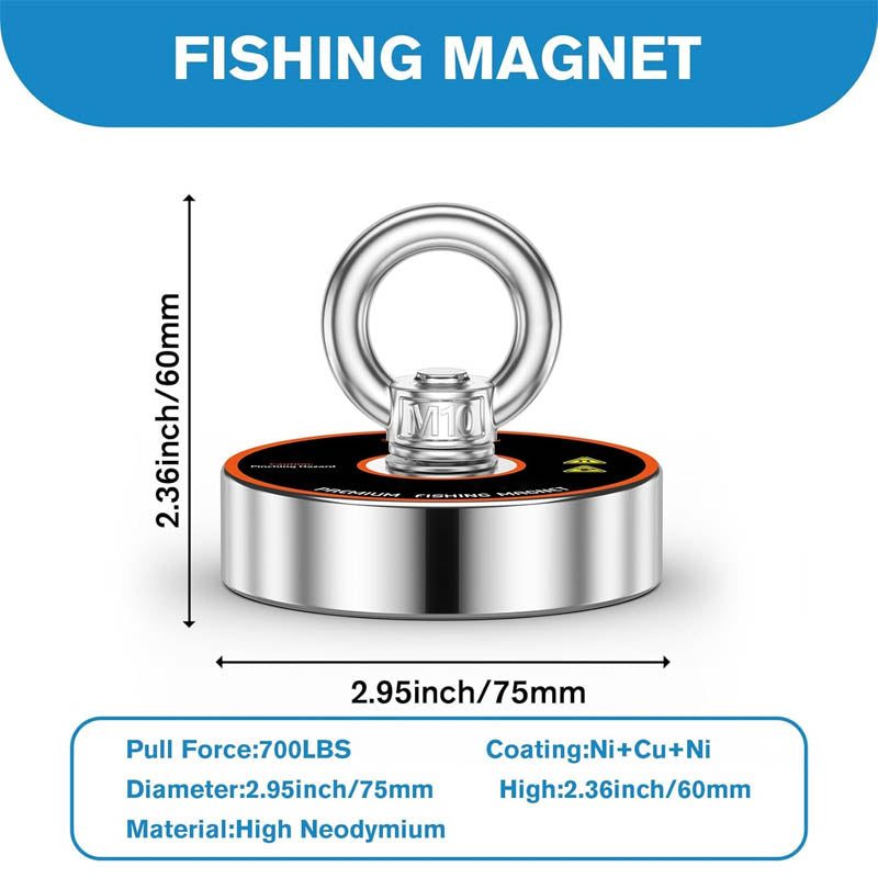 Magnet Fishing Kit 700 lbs Pulling with Heavy Duty 65FT Rope Grappling Hook Waterproof Case Gloves Threadlocker Eye Bolt