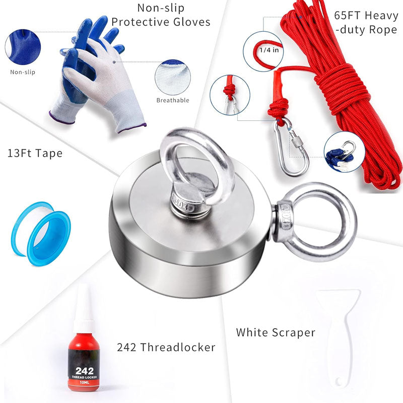 Magnet Fishing Kit Strong 1300Lbs Pulling with 65ft Rope 2.95" Rare Earth Magnets with 2 Countersunk Hole for Magnetic Fishing and River Lake Hunting