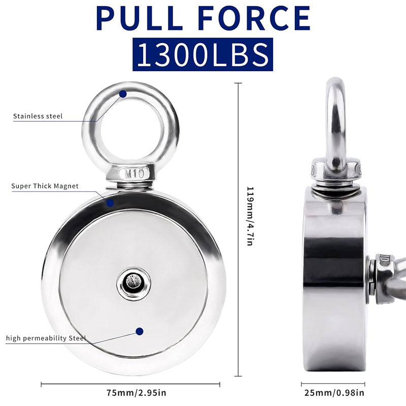 Magnet Fishing Kit Strong 1300Lbs Pulling with 65ft Rope 2.95" Rare Earth Magnets with 2 Countersunk Hole for Magnetic Fishing and River Lake Hunting