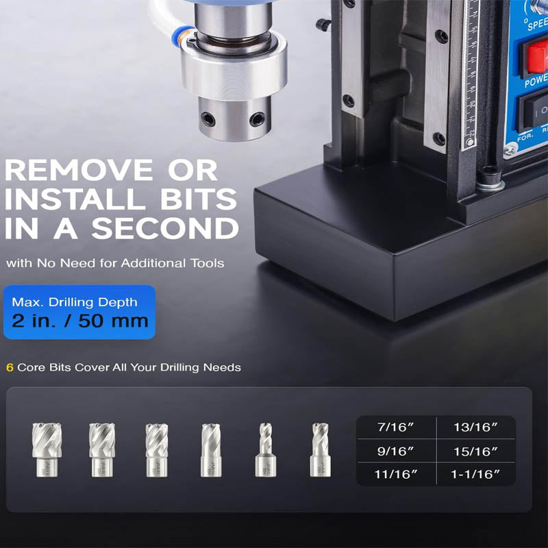Magnetic Drill 1550W Magnetic Drill Press with 6 Drill Bits with 2" Dia. 3125 lbf/13900N Mag Force 650 rpm Power Magnetic Drill