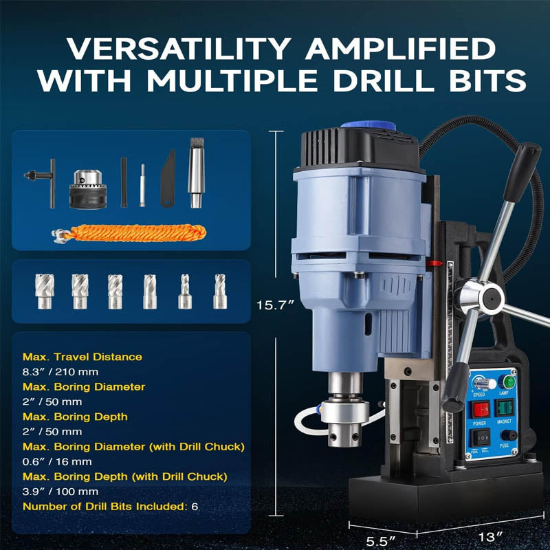 Magnetic Drill 1550W Magnetic Drill Press with 6 Drill Bits with 2" Dia. 3125 lbf/13900N Mag Force 650 rpm Power Magnetic Drill