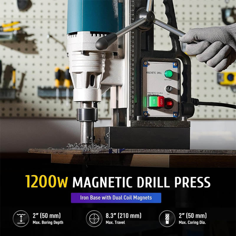 1200W Portable Magnetic Drill with 2" Boring Diameter, Heavy Duty Magnetic Drill with 6 Drill Bits 500RPM Portable Electric Magnetic Drill Press