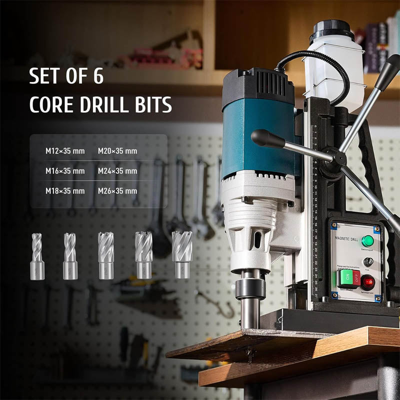 1200W Portable Magnetic Drill with 2" Boring Diameter, Heavy Duty Magnetic Drill with 6 Drill Bits 500RPM Portable Electric Magnetic Drill Press