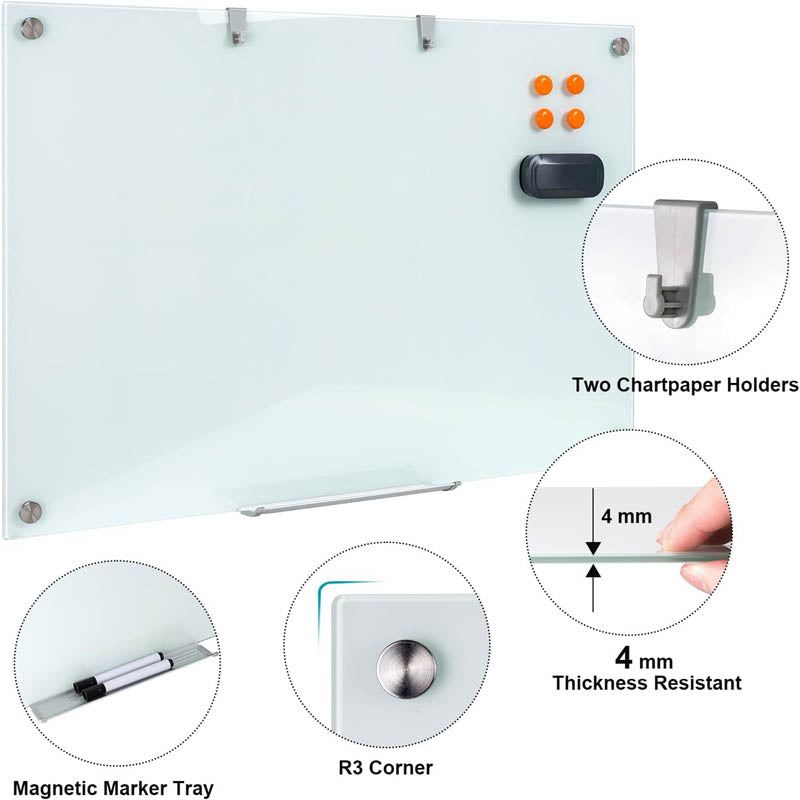 Magnetic Glass Whiteboard 36"x24" Glass Dry Erase Board Large Glass Board for Wall White